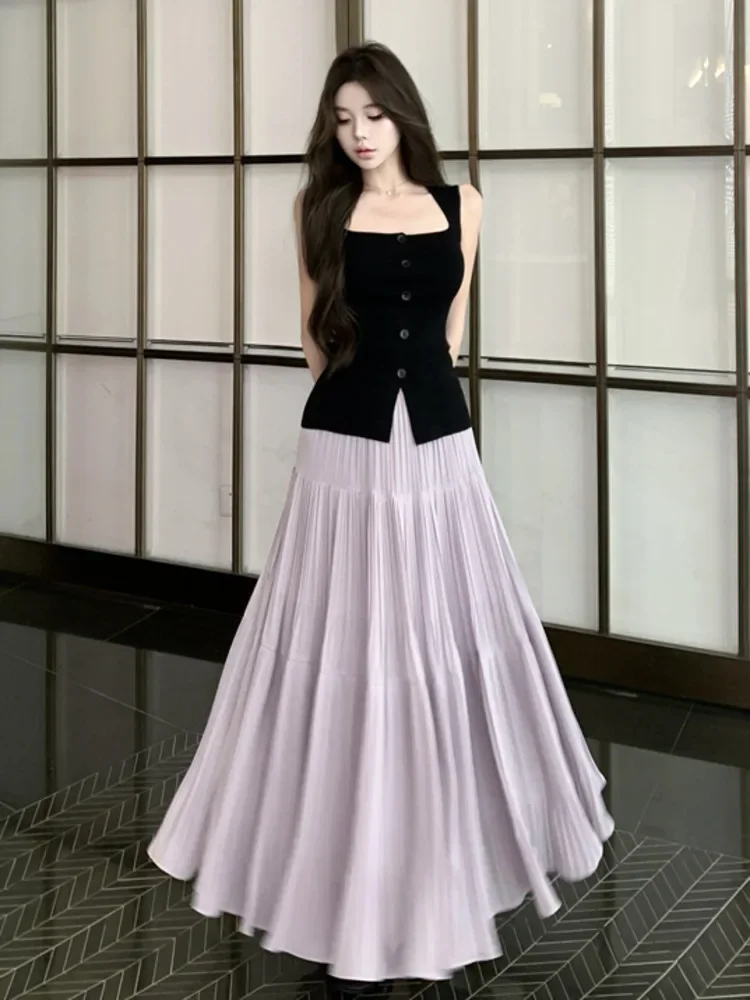 

Женский французский тонкий летний милый женский комплект из двух предметов для девочек, высококачественный женский жилет без рукавов + комплект с длинной юбкой с высокой талией