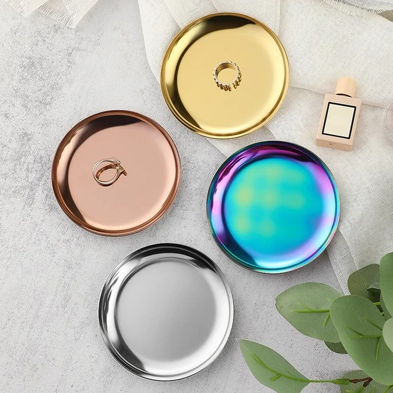 Metal Decorative Trays 10cm Round Stainless Steel Plates Vacuum Plating Gold/Silver/Colorful Trays Desk Organizer Ornaments