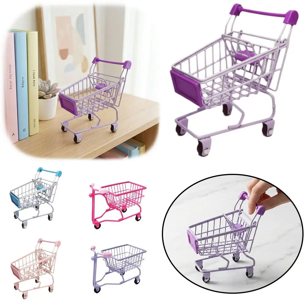 Cute Metal Mini Storage Basket Model Hollow Trolley Container Grocery Cart Decor Shopping Cart Storage Desktop