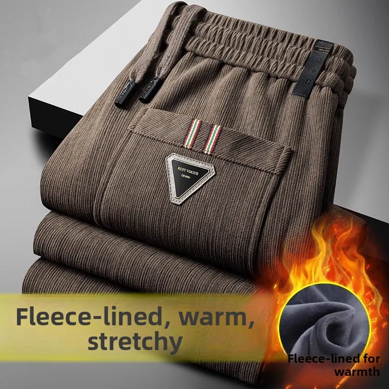 

Men's Spor Fce Lined Loose Fit Elastic Waist Corduroy Long Pants Autumn Winter Casual Straight Leg Thermal Work Trousers