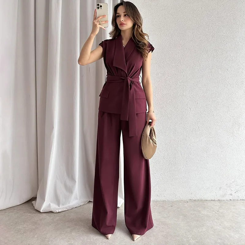 

2025 Women's New POLO Neck Short Sleeve Strap Top Straight Pants Set Z129