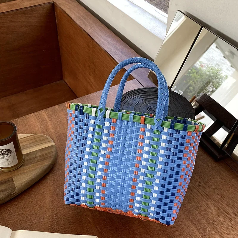 2024 New Vegetable Basket Summer Fashion PVC Handbag Hand Woven Bag Patchwork Striped Tote Beach Bags Purses and Handbags