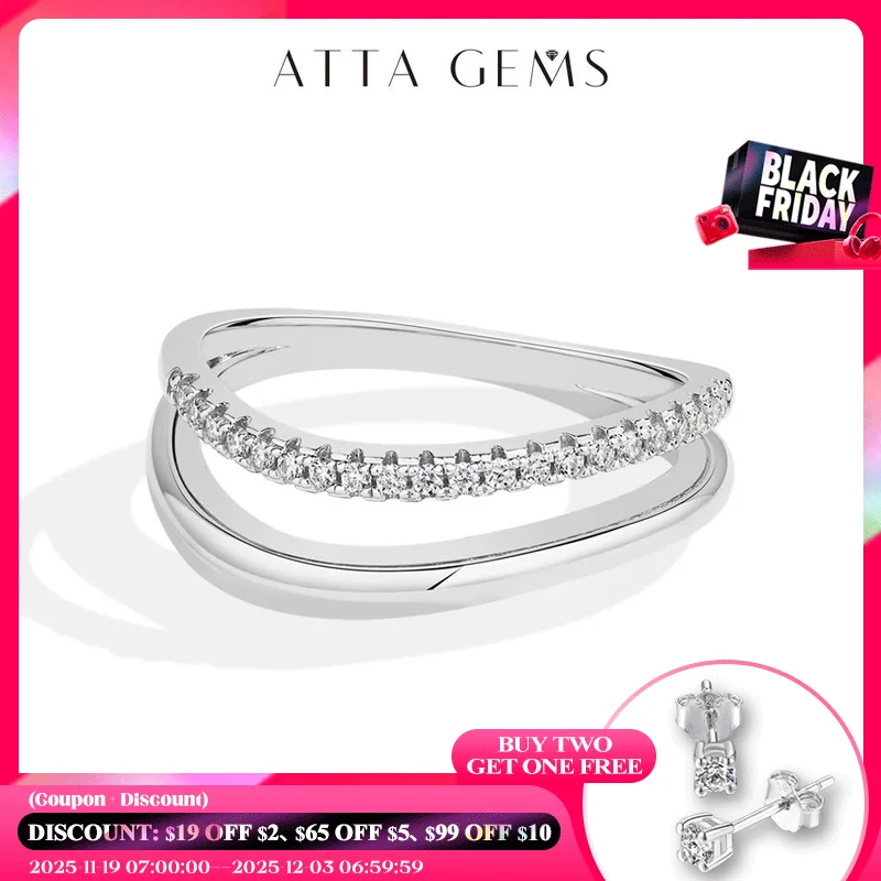 

ATTAGEMS Simple Full Moissanite Ring DVVS1 Original s925 Sterling Silver Engagement Wavy Band for Women Cocktail Party Jewelry