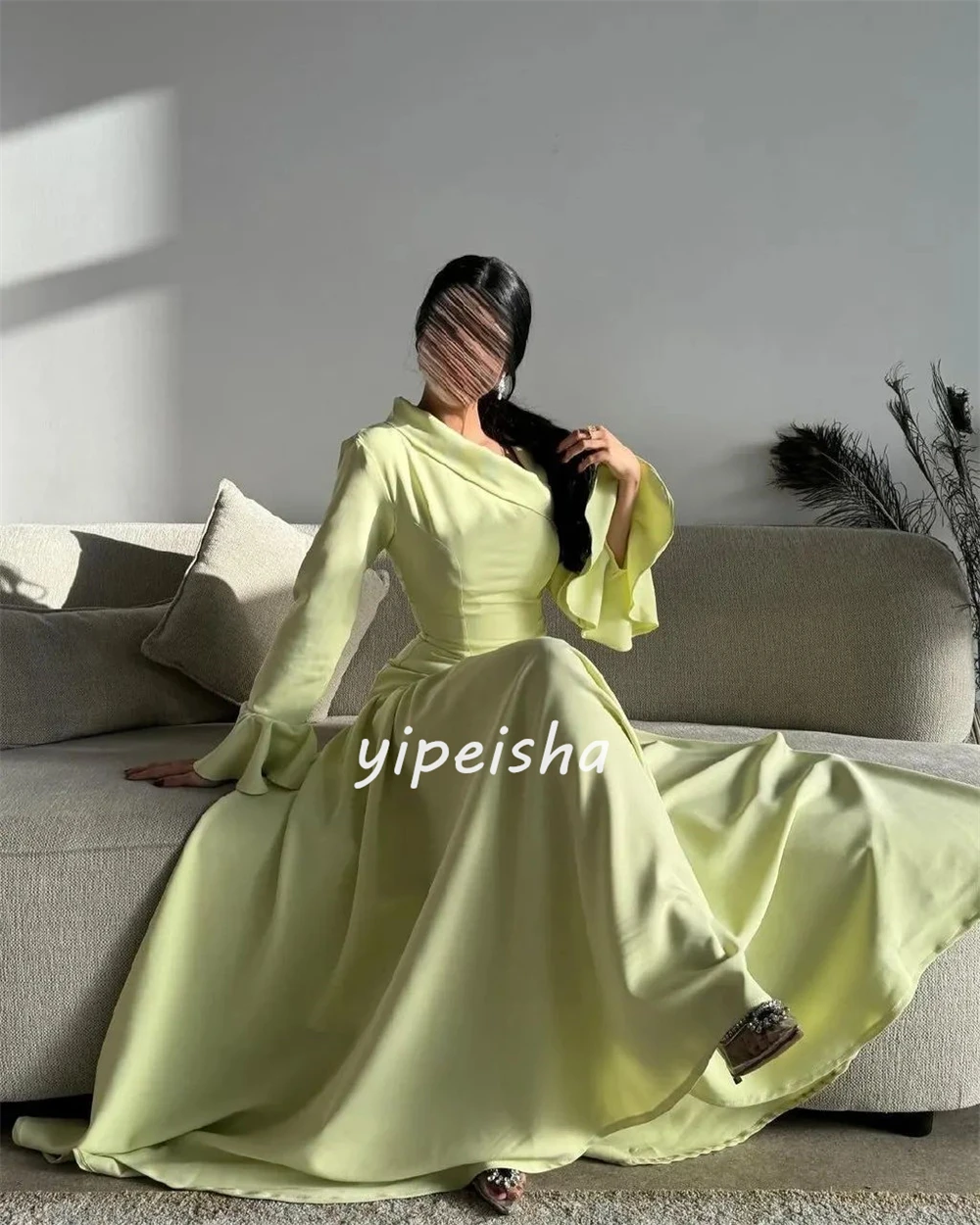 Customized Jersey Ruffle Ruched A-line V-neck Long Dresses Prom Dresses Pastrol Unisex Chinese Style Formal Casual Simple Sexy