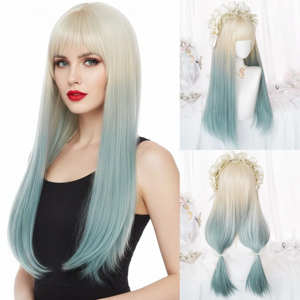 

Зеленый блондин с омбре, длинный прямой синтетический парик с челкой, термостойкий женский для аниме-игр, косплей, повседневная вечеринка