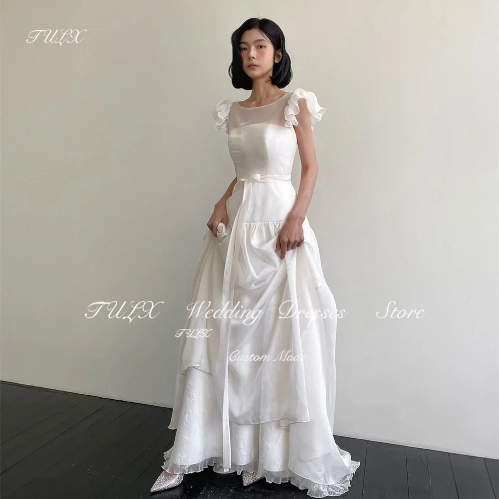 TULX Simple Ivory Wedding Photo Shoot Dress O Neck Pleat Korea Bridal Gowns A line Floor Length Corset 웨딩드레스 Customized 2025