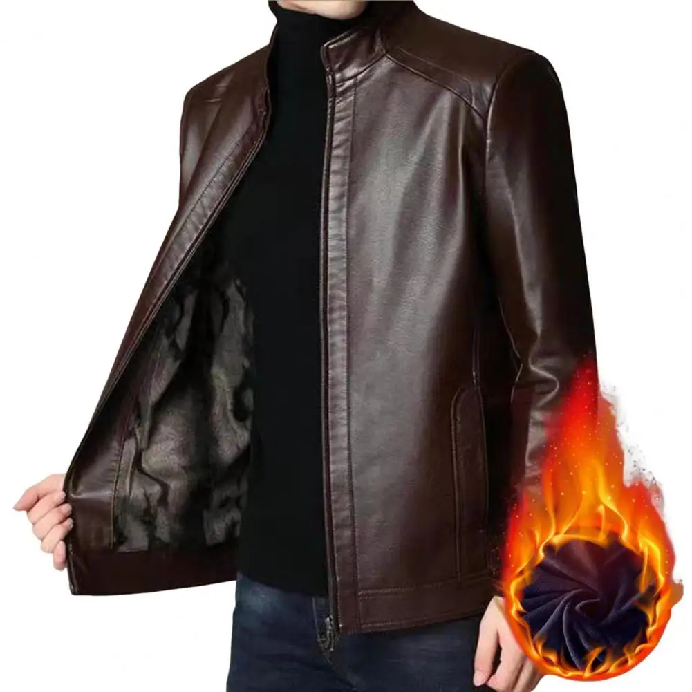 Plus Size Men Jacket Standing Collar Zipper Closure Jacket Autumn Winter Casual Faux Leather Jacket Gift for Dad Boyfriend