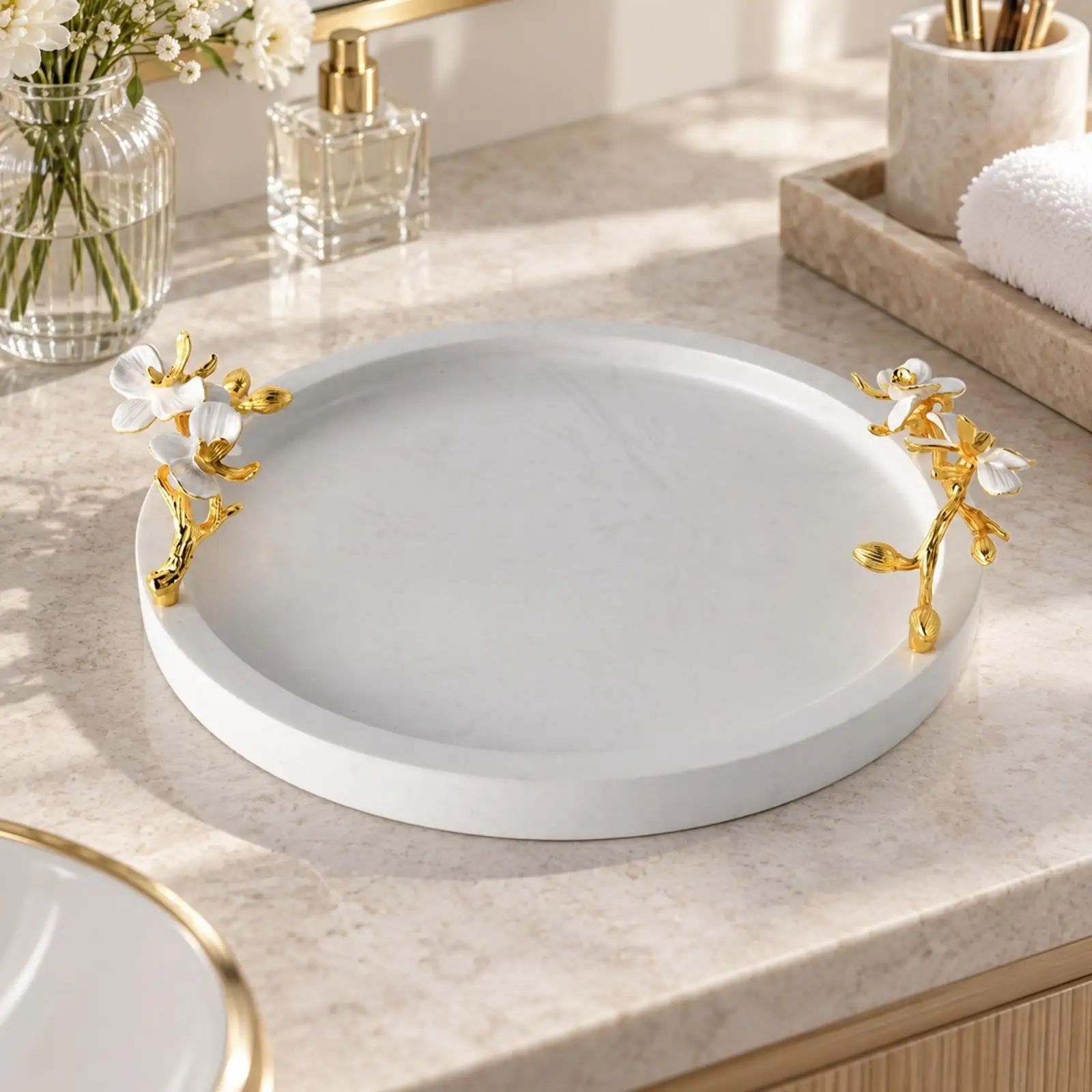 White Marble Style Tray for Small Essentials Jewelry and Makeup Storage Elegant Side Table Decor Piece