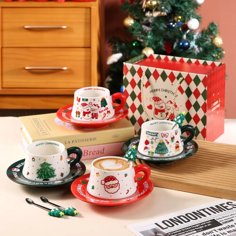 

New Christmas Ceramic Coffee Cup and Dish Set, Household Ceramic Water Cup, Makeup Cup, Gift Box, Christmas Gift