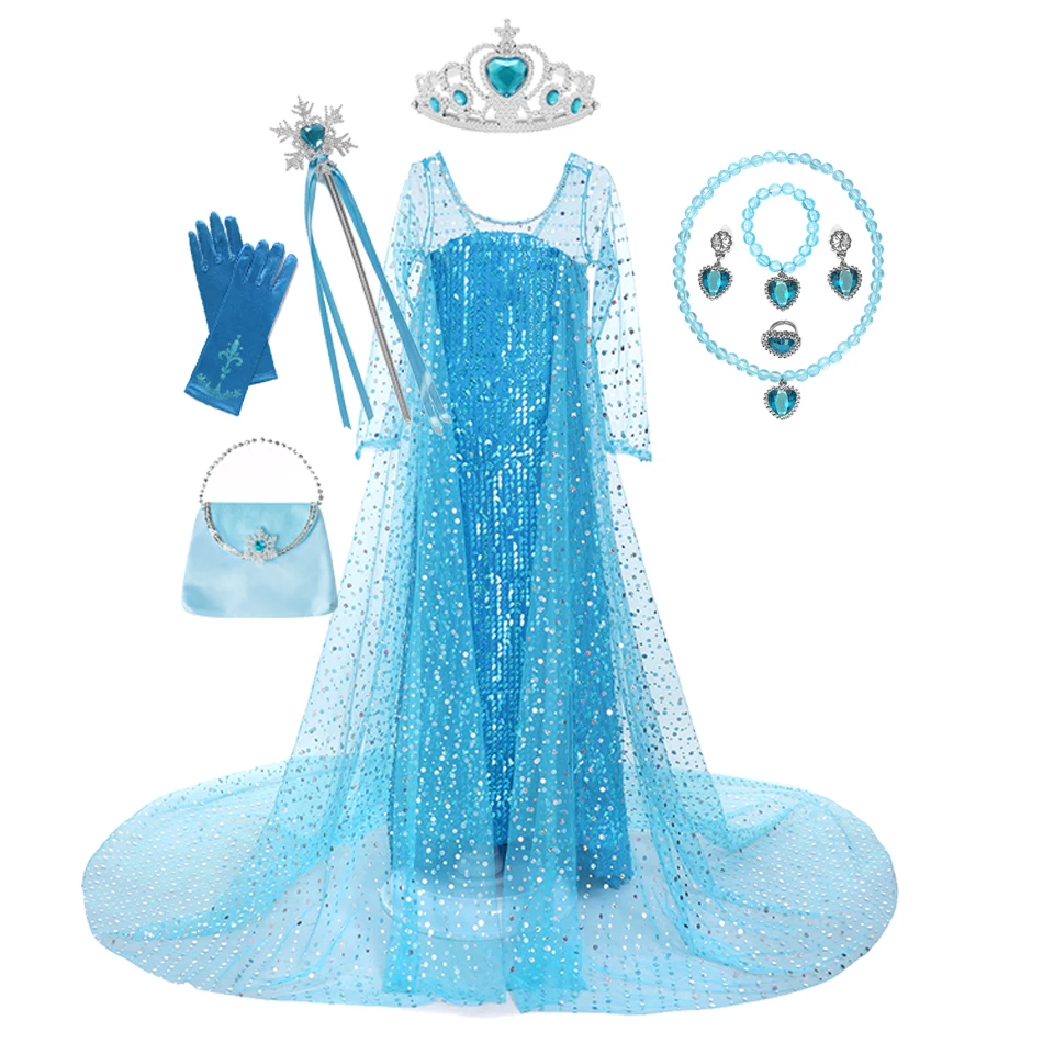 Gaun Cosplay Putri Disney Frozen Girls Elsa Kostum Payet Pakaian Anak Prom Pesta Ulang Tahun Halloween Ratu Salju dengan Jubah