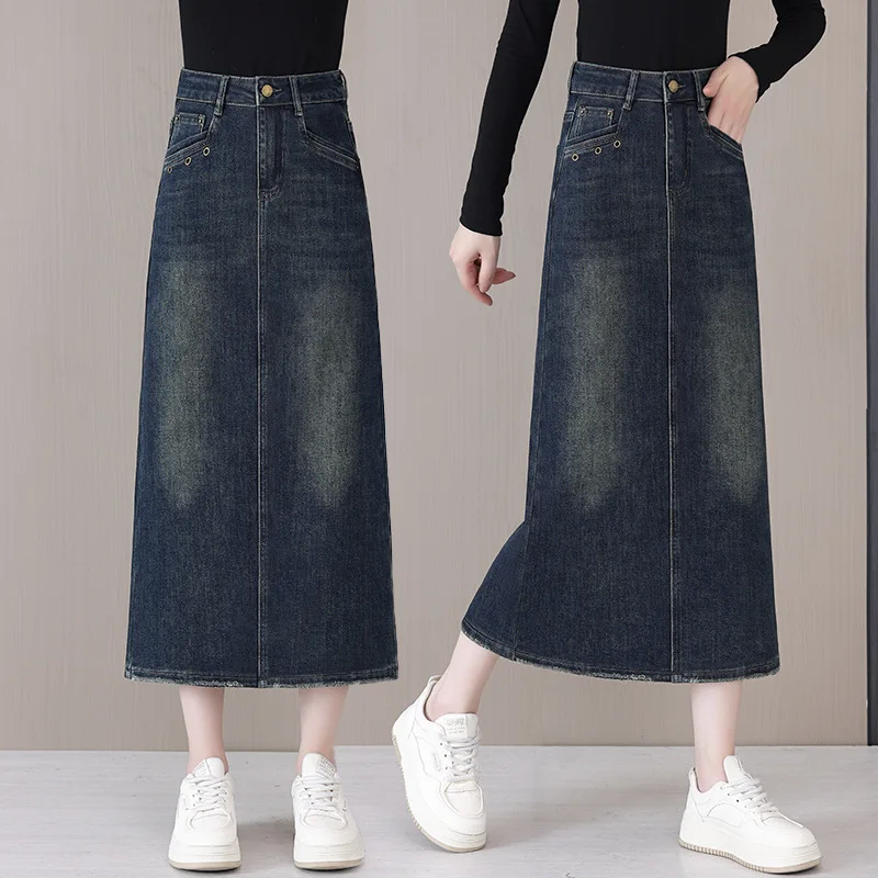 

Denim Midi Skirt for Women, Spring and Autumn High Waist Versatile Mid-Length Back Slit Straight One-Step Skirt