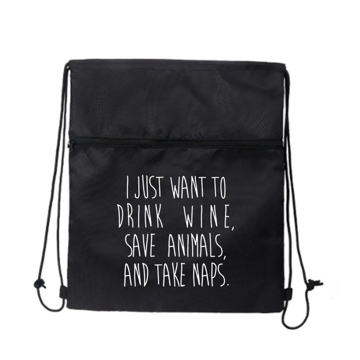 

I Just Want To Drink Wine, Save Animals And Take Naps Design Черный легкий рюкзак на молнии со шнурком для природы