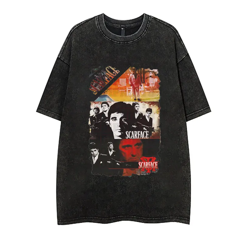 

Vintage Washing Scarface Movie Al Pacino As Tony Montana Graphic T Shirts Men Rock Oversized T-shirt Classic Washed Worn Tshirt