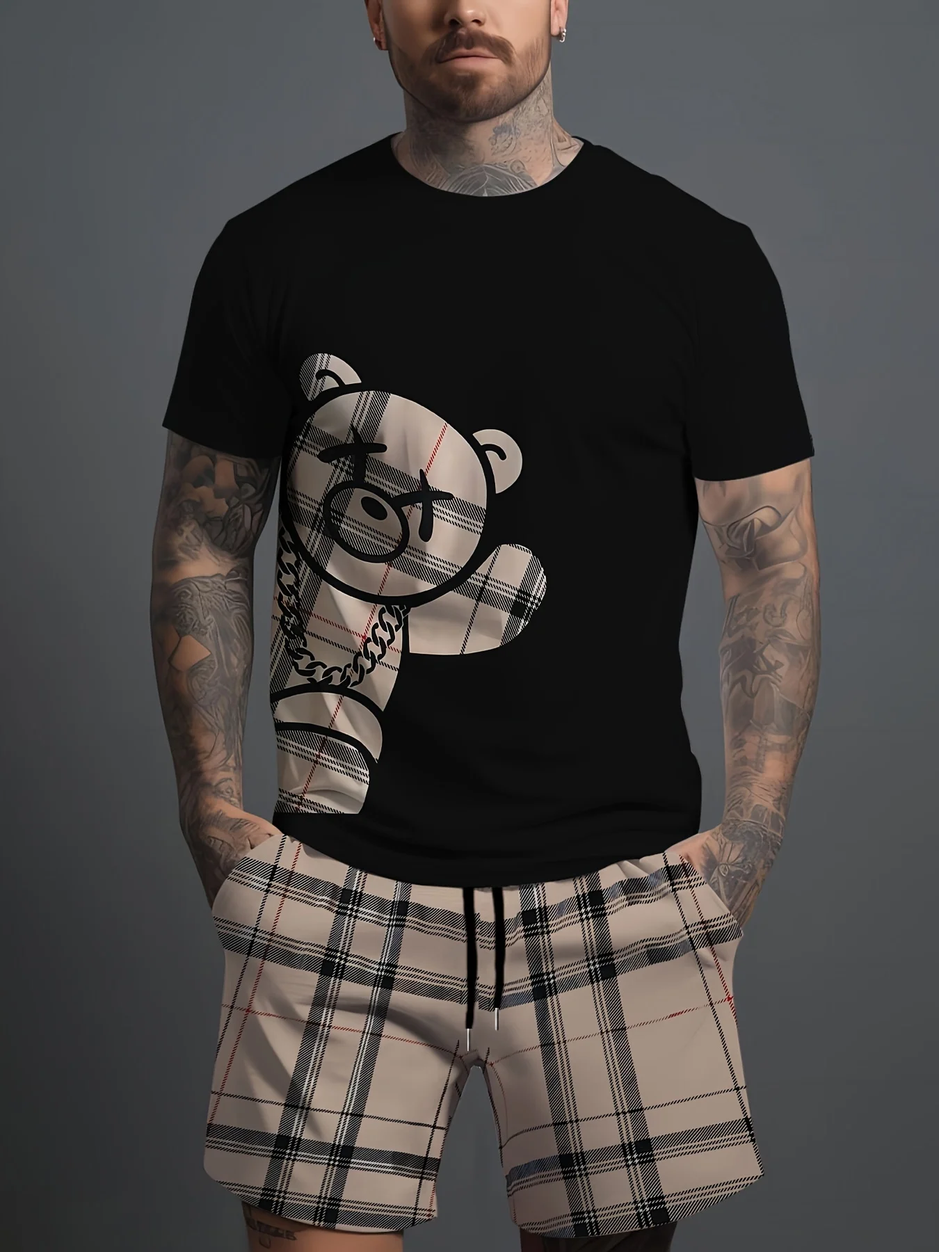 2026 Summer Casual Short-Sleeve Fashionable Breathable Sports Set Loose-Fit Quick-Dry Men's Short-Sleeve Hip-Hop Bear Print Set
