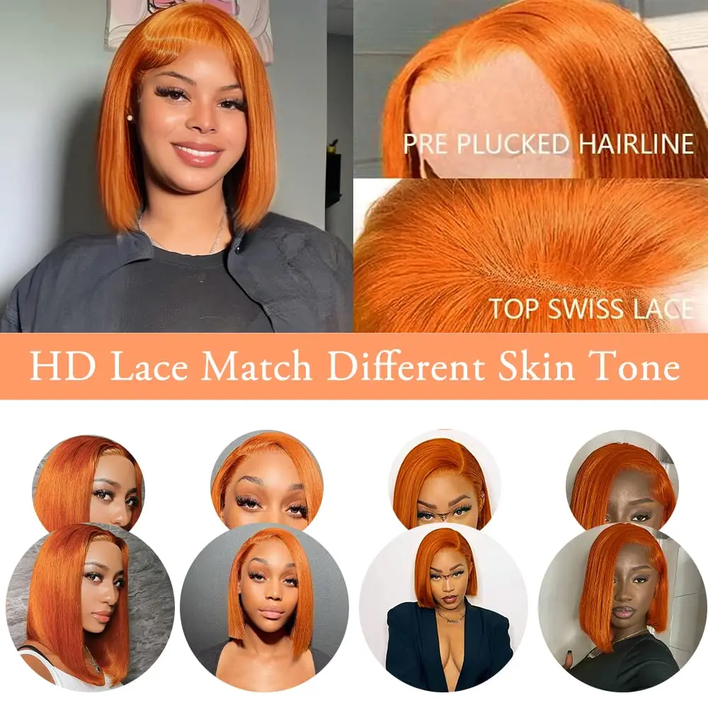 Topnormantic Ginger Bob Wig Human Hair 13x4 Lace Front Wigs Human Hair Orange Bob Lace Front Human Hair Wigs 150% Density