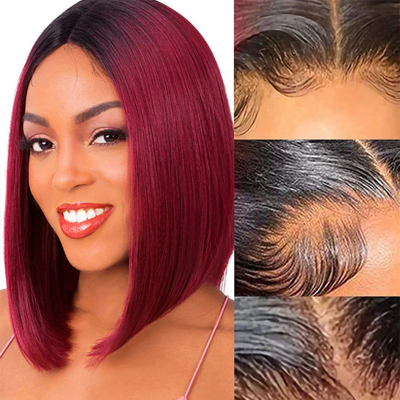 1b/99j borgonha curto em linha reta bob perucas de cabelo humano brasileiro frente do laço perucas de cabelo humano pré arrancado t parte perucas de renda cabelo remy