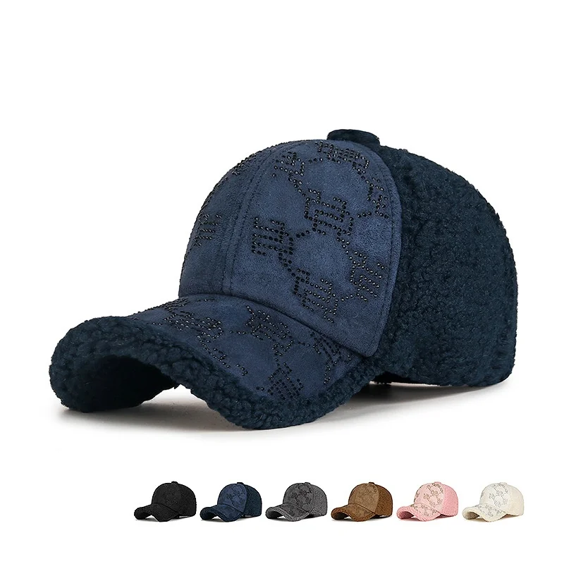 Korean New Lamb Fleece Baseball Hat Diamond Studded Luxury High Quality Streetwear Cap Unisex Thick Warm Snapback Visor Hat