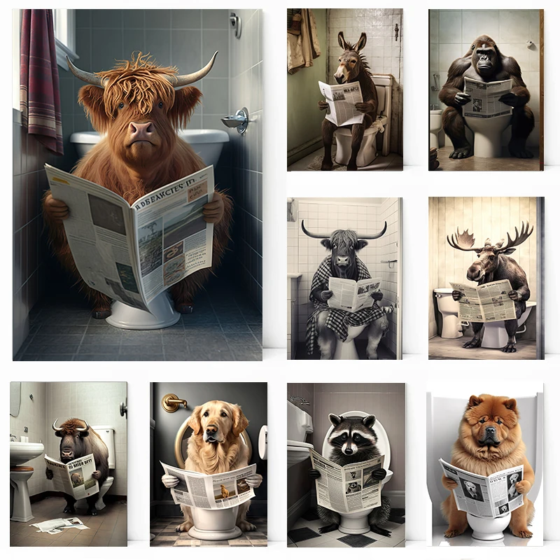 Chow Bison Raccoon Rhino Animal Sitting on The Toilet Reading A Newspaper Canvas Painting Wall Art Picture Bathroom Home Decor