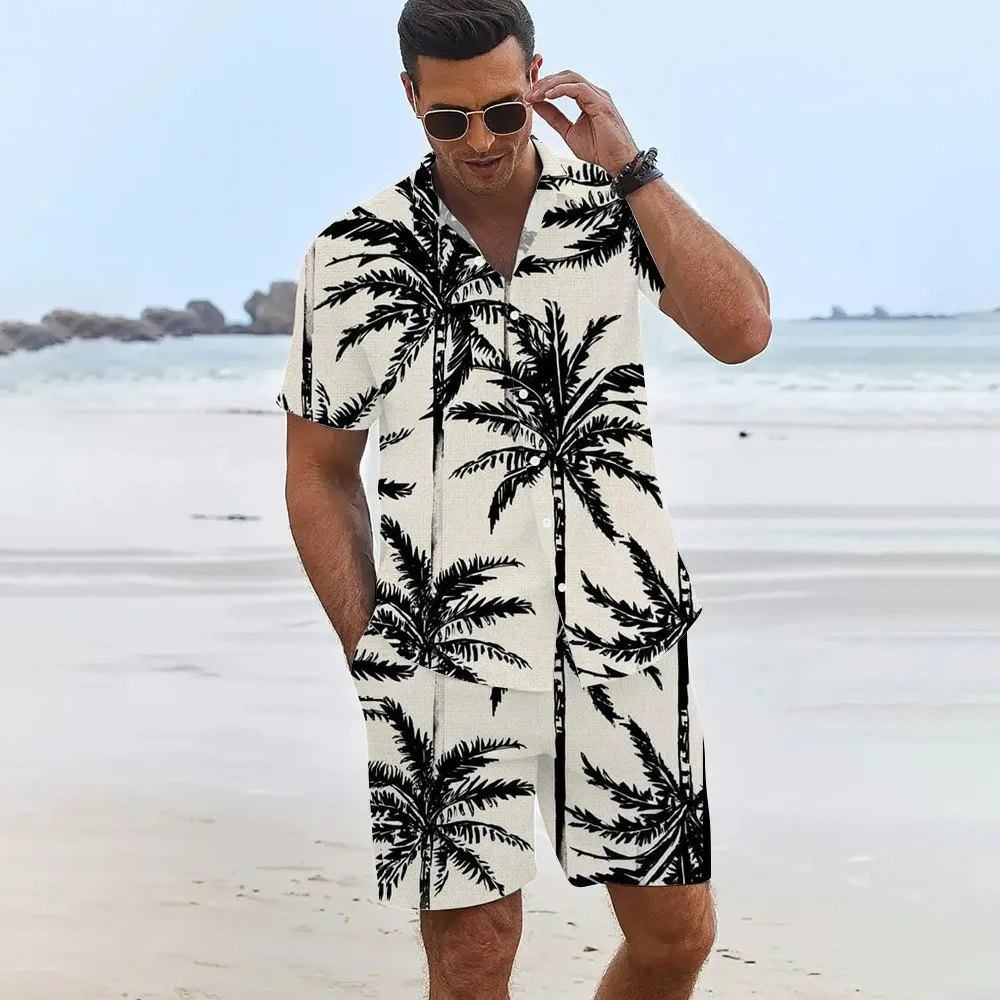 

Men's Clothing Shirt Set 3D Hemp Palm Print Short-sleeved Shirt Casual Large-sized Beach Shorts Y2k Streetwear Hawaiian Sets