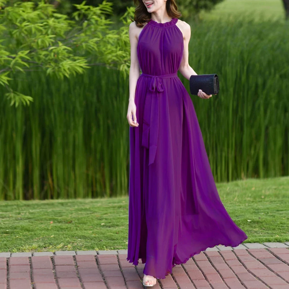 Robe de Soirée en Mousseline de Soie Douce pour Femme, Tenue Maxi Plissée à Col Licou, Disponible en 9 Couleurs, Taille 9, Nouvelle Collection