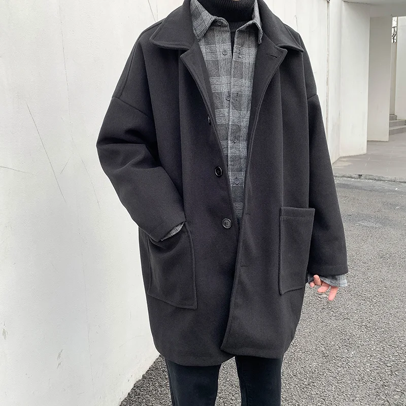 

Mid-length Woolen Coat Men Fashion Casual Oversized Woolen Coat Men Streetwear Korean Loose Woolen Jacket Mens Overcoat M-2XL