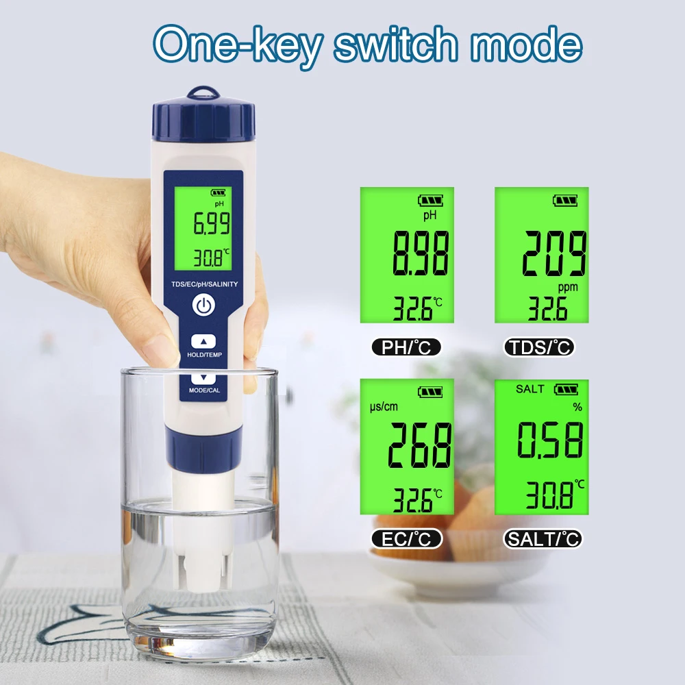 Imagem -03 - Digital Lcd Tester Qualidade da Água Monitor para Piscinas Aquários de Água Potável ph Tds ce Sal Temp ez 9909 Novo em 1