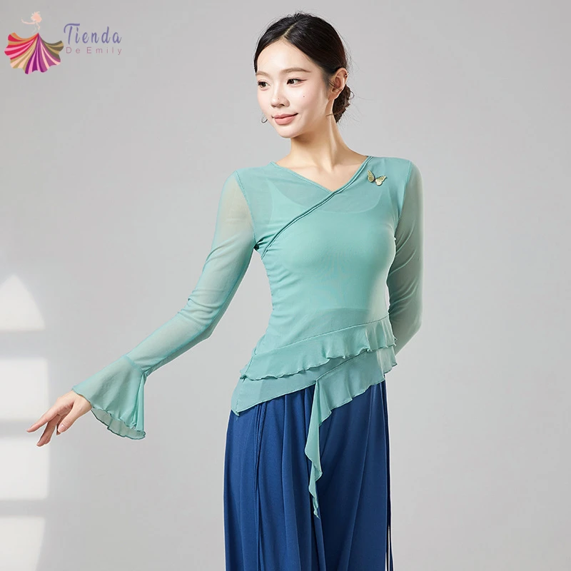 Classical Dance Top Women Long Sleeve Sheer Shirt V Neck Butterfly Decor Irregular Hem Modern Practice Wear Ballet Training Tops