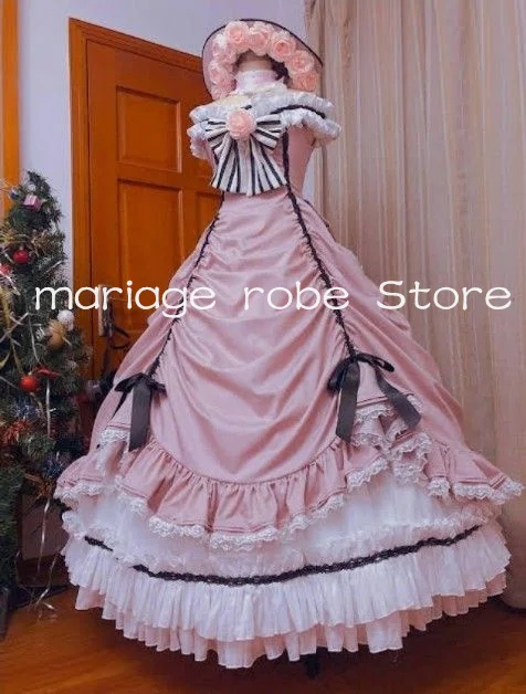 Vestido de noite vitoriano princesa, arco plissado, espartilho com renda floral, vestidos Lolita, roupa de baile de Halloween, rosa, branco, 2025