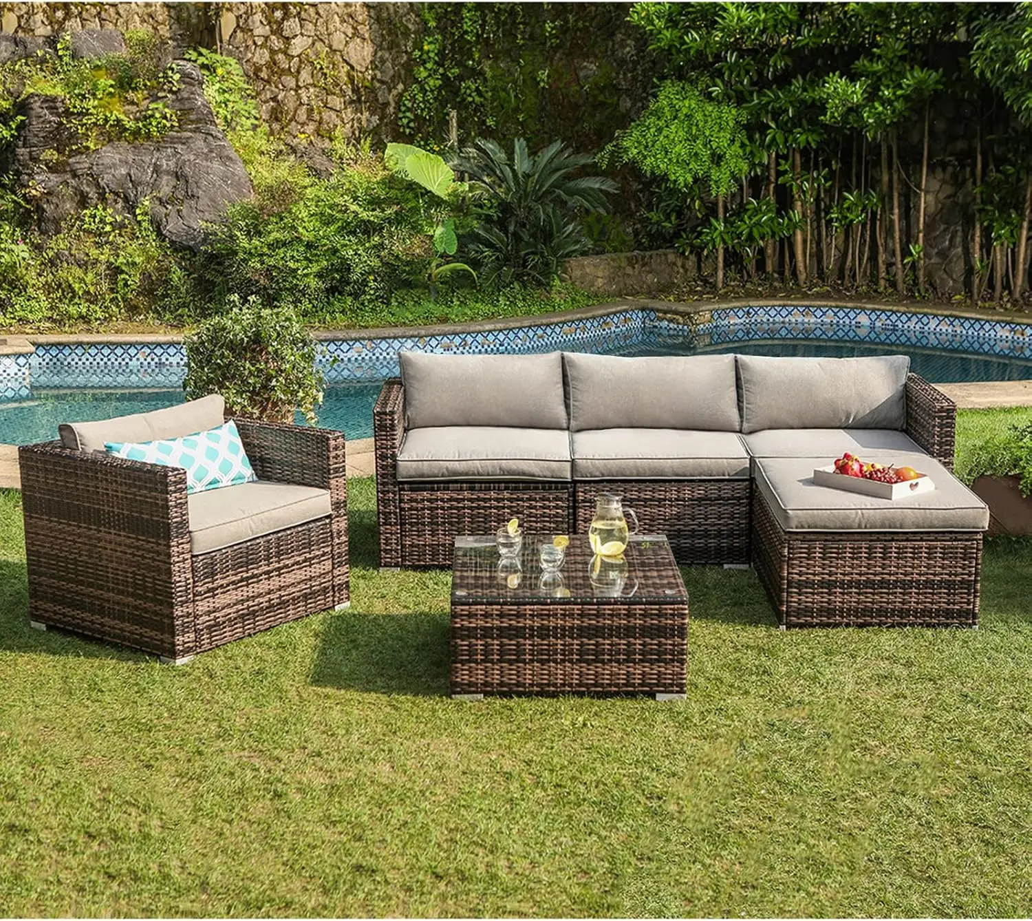 6-Piece Outdoor Furniture All-Weather Mottlewood Brown Wicker Sectional Sofa w Warm Gray Thick Cushions, Glass-Top Coffee Table