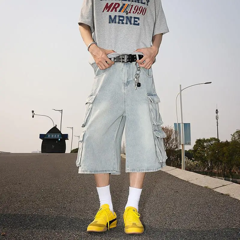 

Retro High Street Men's Denim Shorts Low Waist Casual Loose Fit Workwear American Style Washed Seven-Pocket Loose Slimming