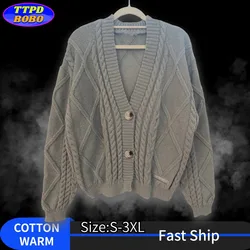 Autumn Knitted V-neck Long Sleeve Women's Grey Cardigans Winter Keep Warm Sweater Coat Fashion Solid Casual Tops 2024