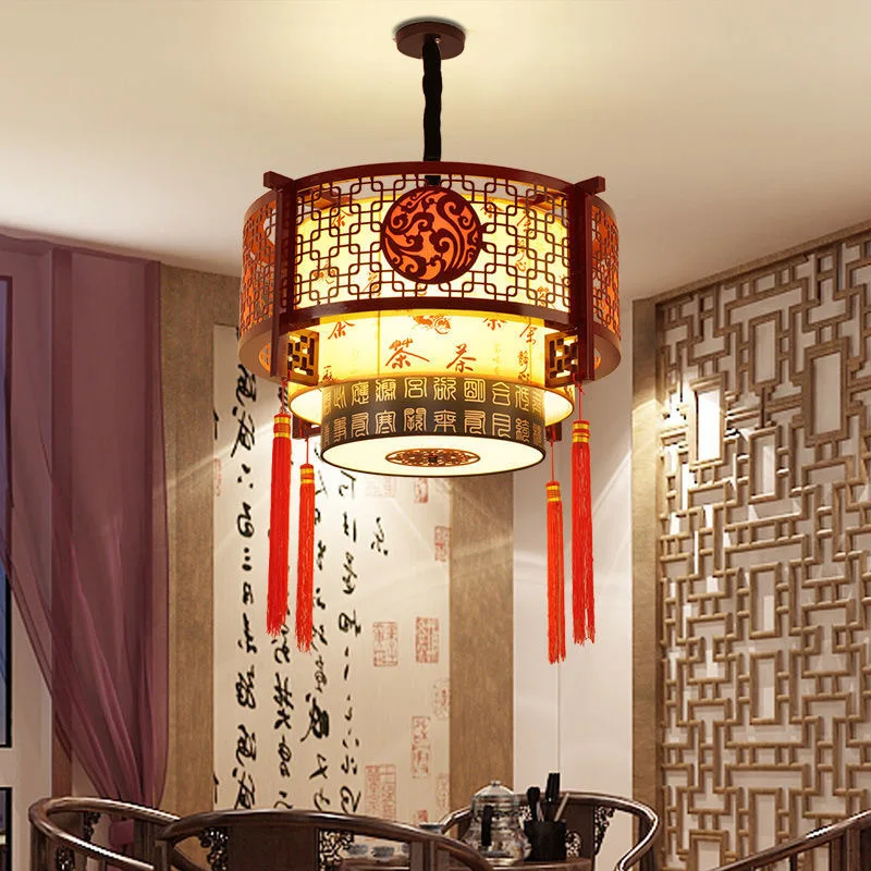 

Chinese Wooden Pendant Lights Classical Restaurant Living Room Hotel Round Teahouse Hot Pot Restaurant Vintage Sheepskin Lamps