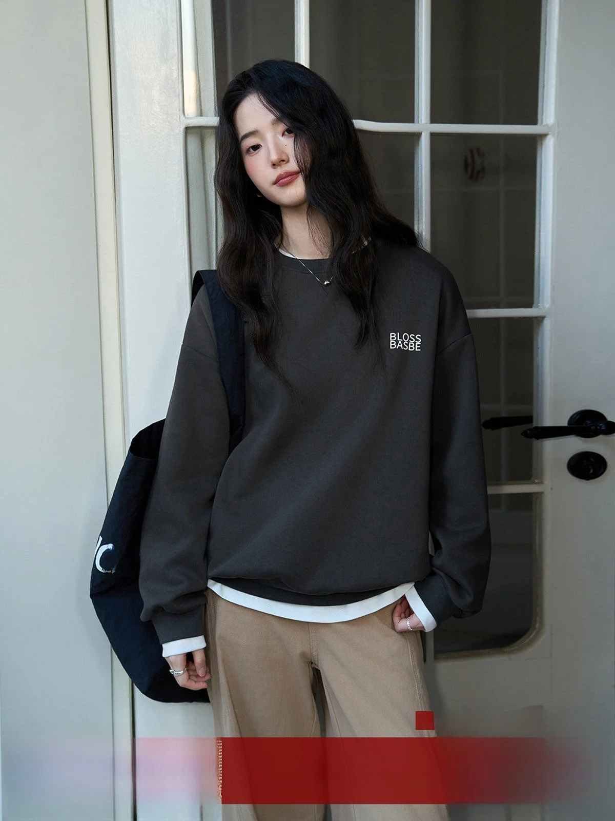 

MoZa Loose Fit Women's Crew Ne Sweatirt Deep ey Letter Print Comfortable Slimming Top Korean Sle Long Sve T-irt