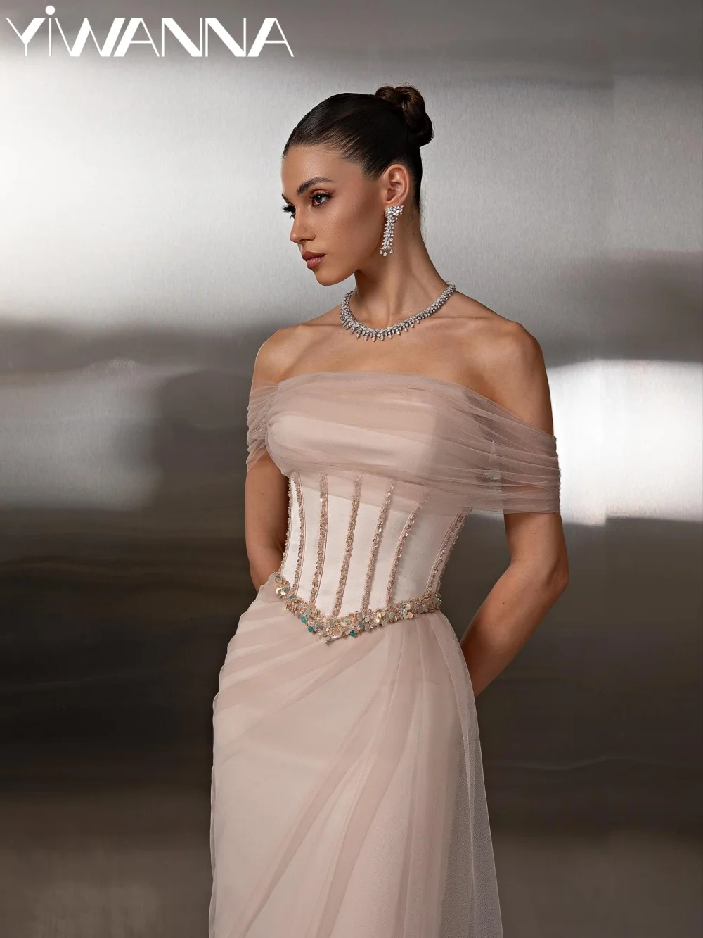 

Sequined Off Shoulder Evening Dress Elegant Straight Floor-length Wedding Party Gown Customized Modern Banquet Party Gowns