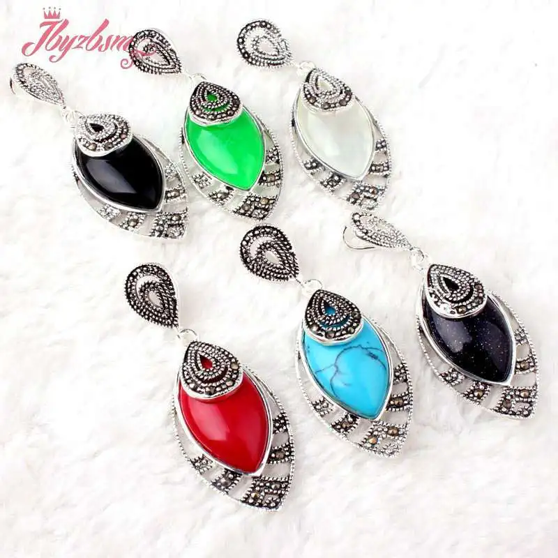 18x22mm Marquise Stone Tibetan Silver Marcasite Necklace Pendant Charms 1 Pcs 18x45mm Exquisite Jewelry for Wedding Anniversary