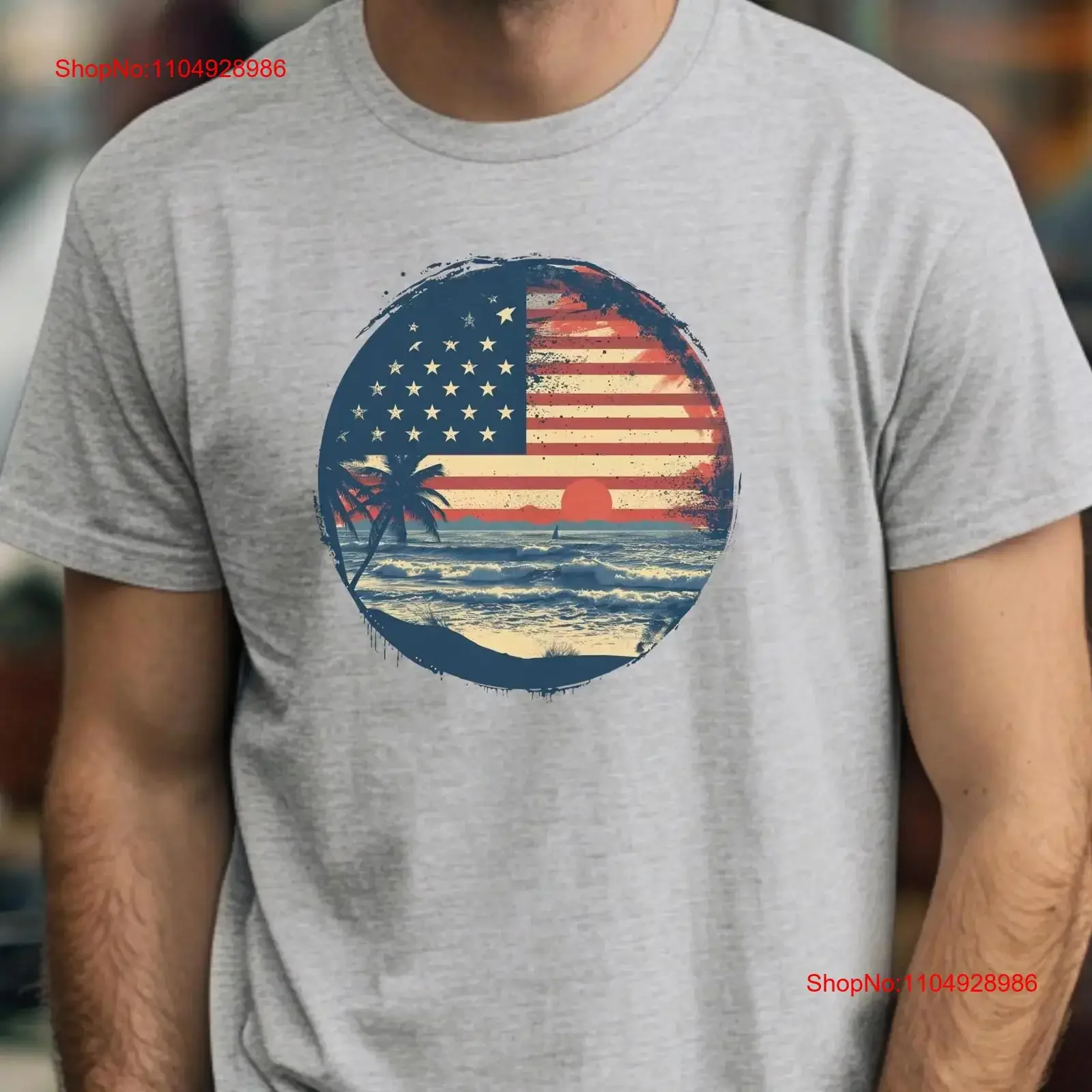 

Beach Scene American Flag T Shirt Patriotic Summer USA Vacation Top Beachy Surfer vintage Washed Slightly Stylish graphic