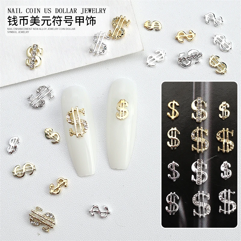 

Gold Money Sign Rich Wealthy Nail Jewelry Alloy Metal Inlaid Super Sparkling Crystal Diamond Coin Us Dollar Symbol Bulk Supply