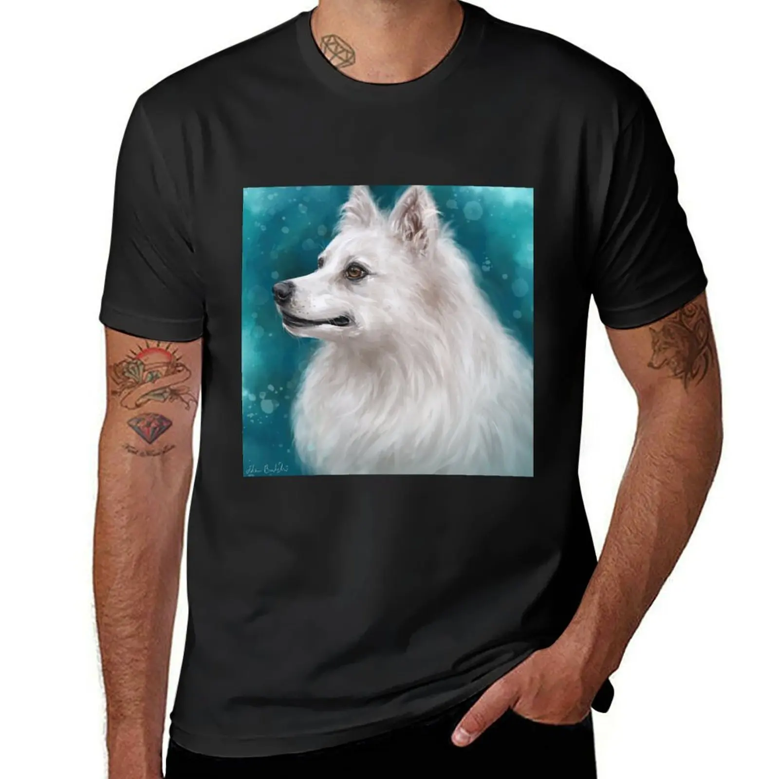 Painting of a Fluffy White Japanese Spitz Dog on Blue Background T-Shirt blanks sweat mens plain t shirts