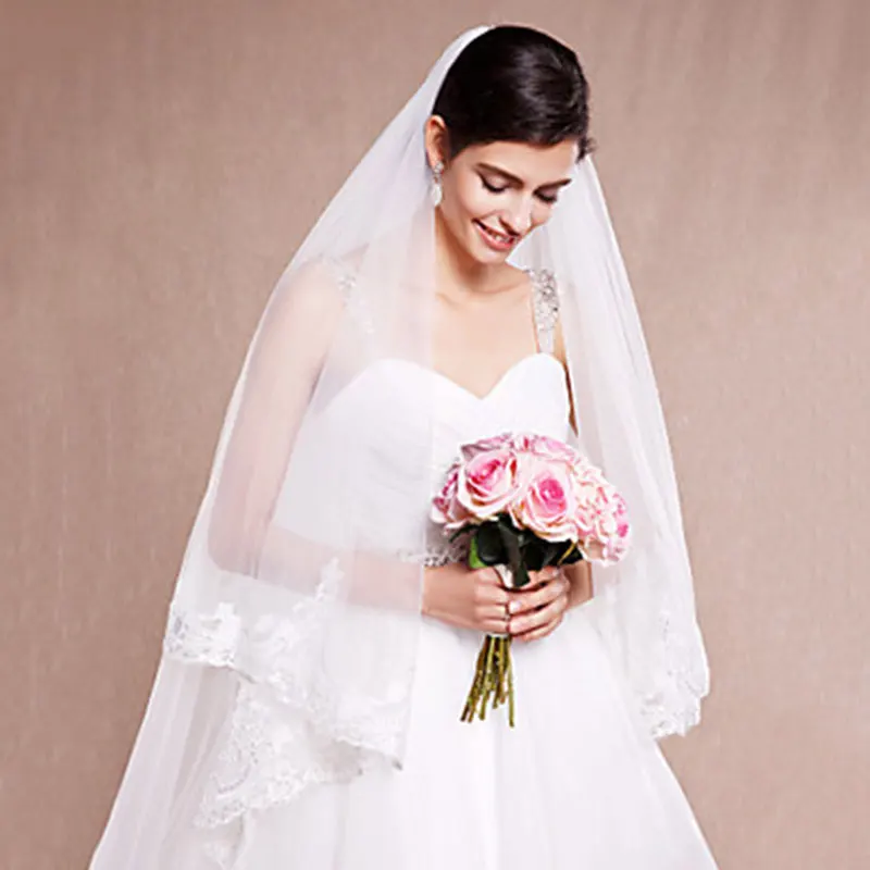 Wit Ivoor Twee-Tier Kathedraal Veils Lace Applique Edge Bridal Veil Met Kam Bruiloft Accessoires Veu De Noiva