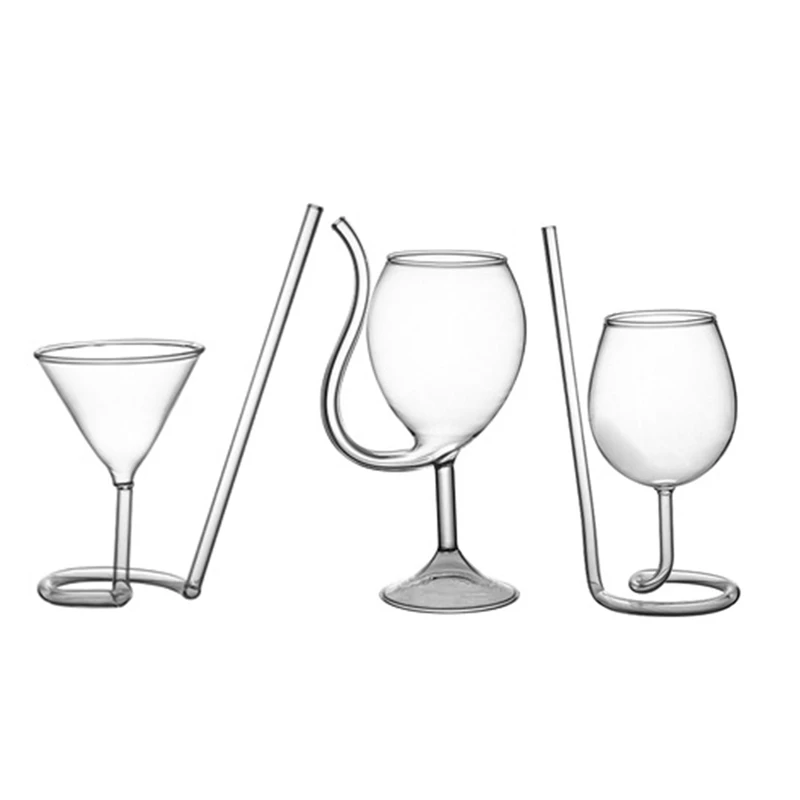 Creative Red Wine Glass Cocktail Clear Juice Cup Goblet with Drinking Tube Straw for Wedding Party Home Restaurant