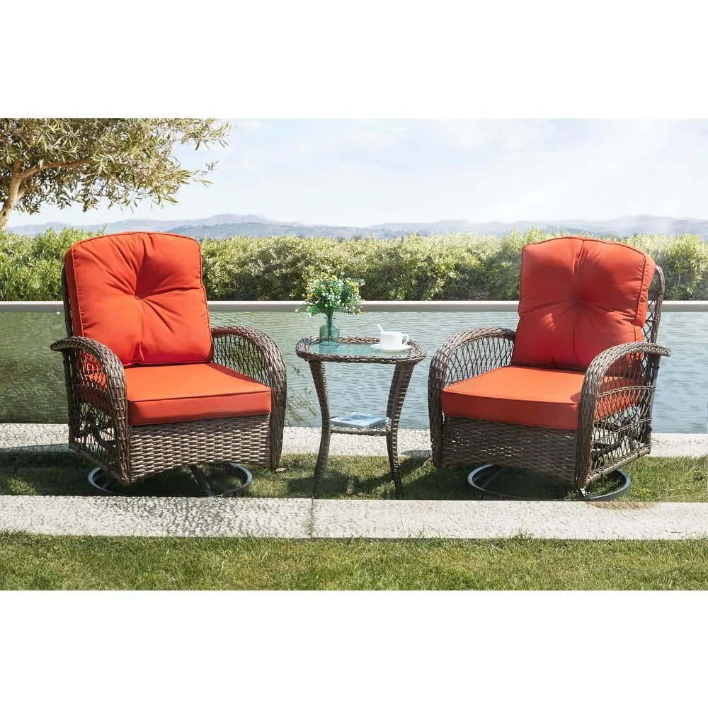 3 Pieces Patio Furniture Set, Outdoor Swivel Glider Rocker, Wicker Patio Bistro Set with Rocking Chair, Cushions and Table