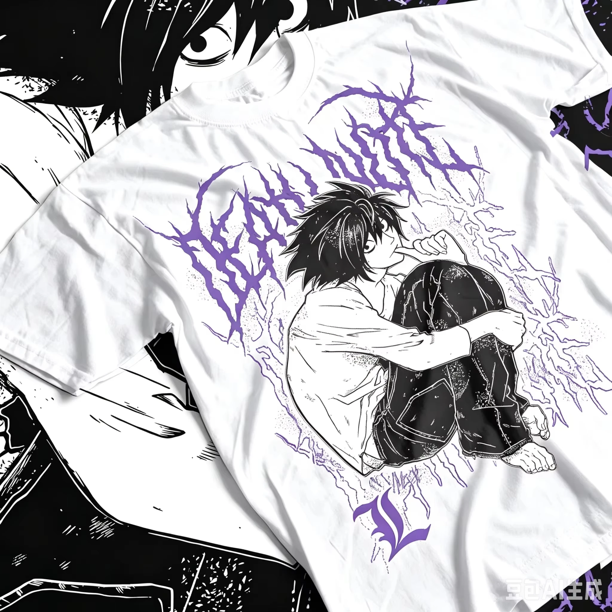 2026 Death Note Single Sided T-shirt Detective L Squat Pose Purple Metal Font Anime Print Oversized Cotton Tee for Otaku Fans