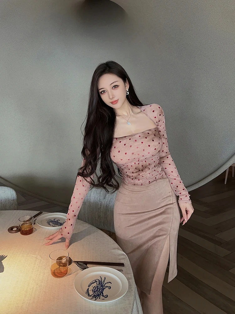 

Универсальная женская футболка Long Sve Wang Jiujiu в горошек Floing Me Slim Fit, весна-осень, модная база irt