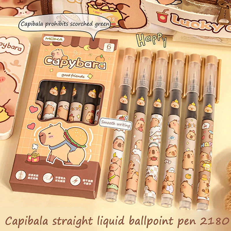 Capybara Anime Straight Liquid Ballpoint Pen, Bonito, Neutro, Escola, Escritório, Escrita, Papelaria, Presentes de Aniversário, 6pcs