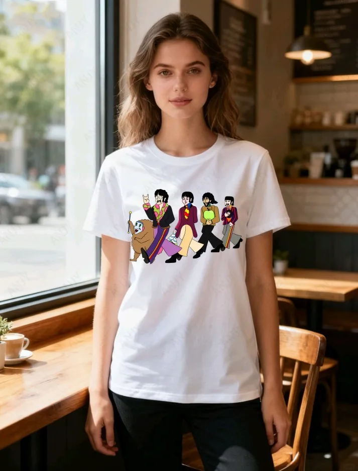 Beatles Retro Rock Retro Fashion Men's and Women's Short Sleeved Unisex Harajuku Round Neck Pure Cotton Street Top
