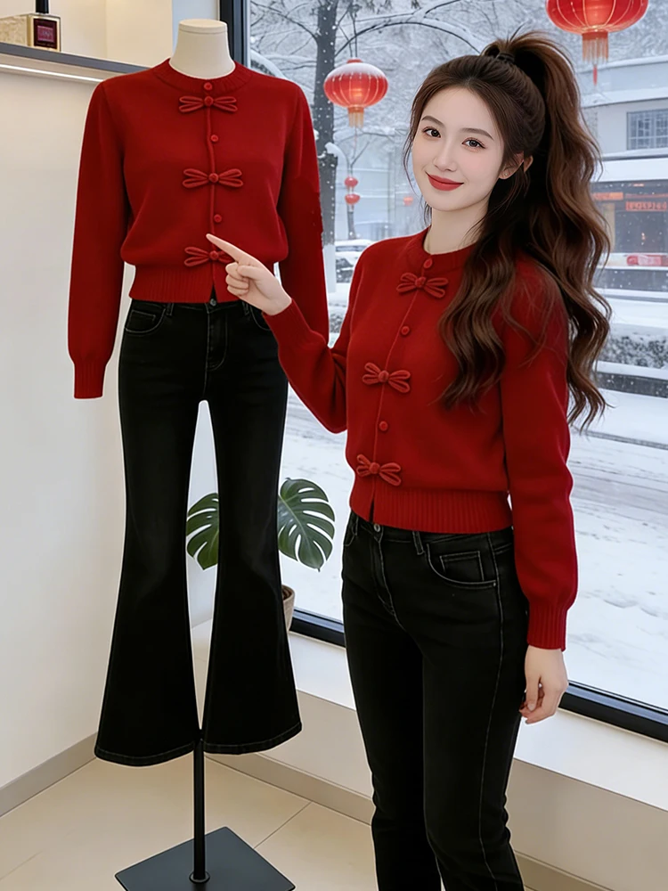 

New Chinese Sle Women's Knitted Sweater round Ne Button up Slimming Spring 2026 Faionable plus Size Comfortable Breathable