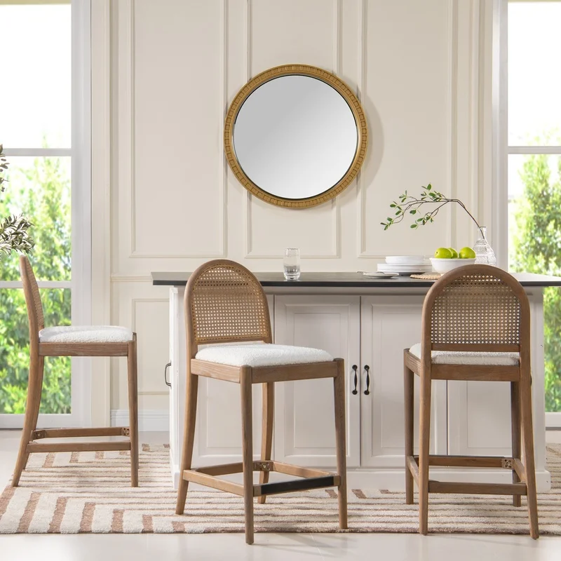 

Panama 26.5" Curved Back Cane Rattan Counter Stool Set of 2 Ivory White Boucle