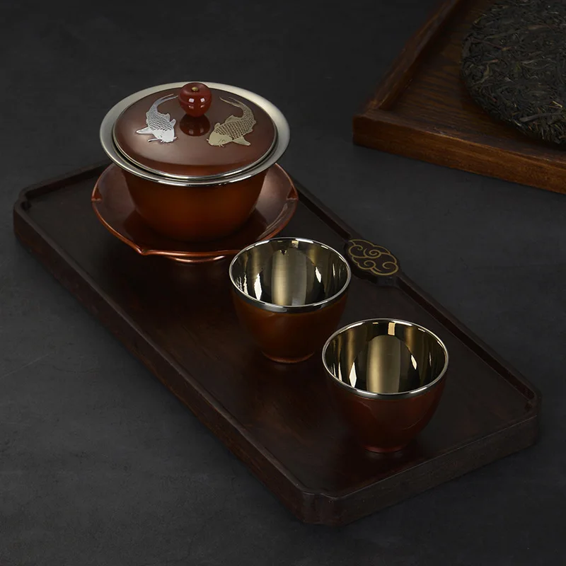 Copper Covered Tea Bowl, Heat-Resistant Three-Piece Gaiwan, Colored Finish, Kung Fu Tea Bowl with Lid Set