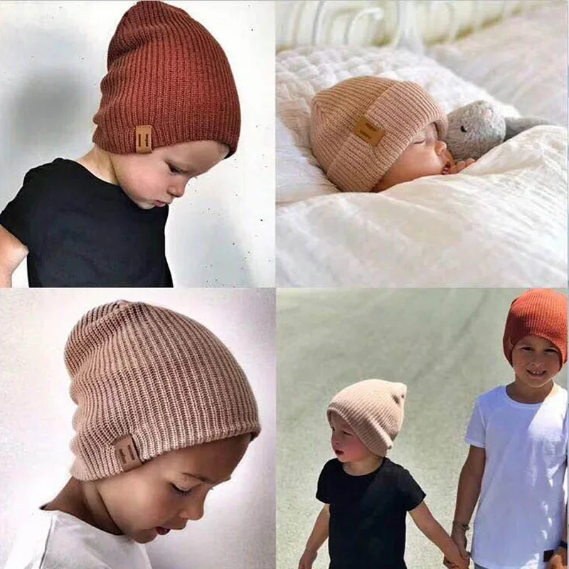 Baby Knit Hat for Boys Girls Autumn Winter Warm Kids Beanie Adult Children Parent-Child Hats Newborn Baby Cap with Leather Label