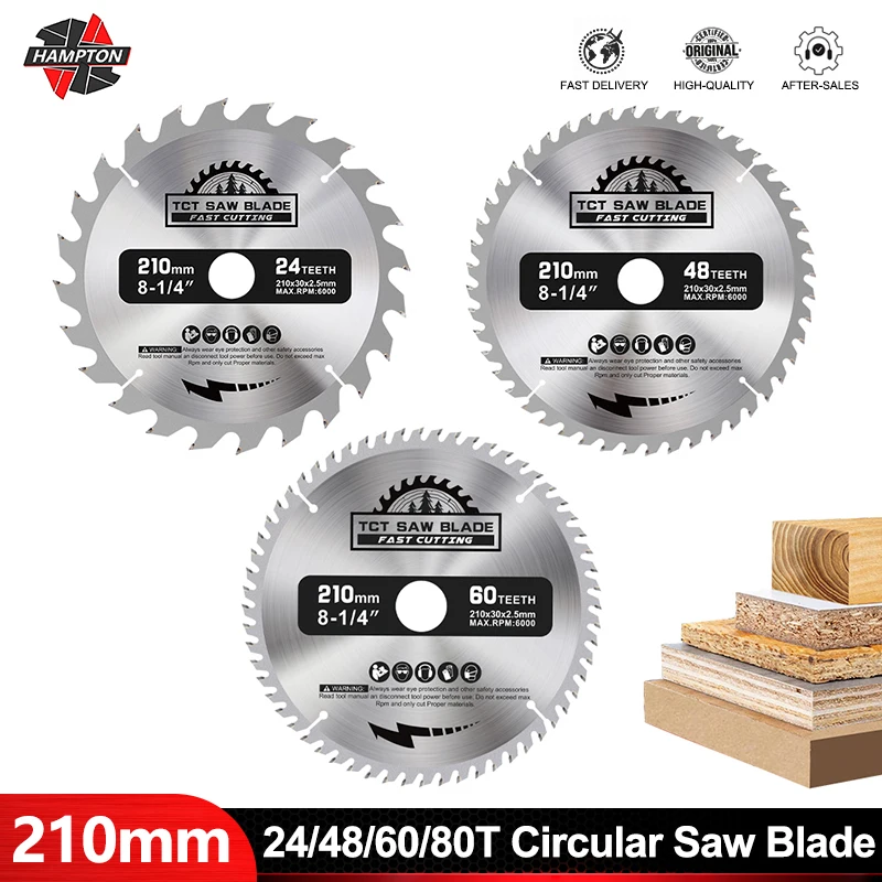 ハンプトン丸鋸刃-直径210mm-歯数24t-48t-60t-80t-木材切断ディスク-超硬チップtct鋸刃-木工工具